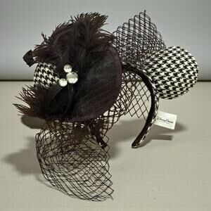 Disney Parks Houndstooth Minnie Mouse Ears Headband Net Hat Feathers Jewel Black